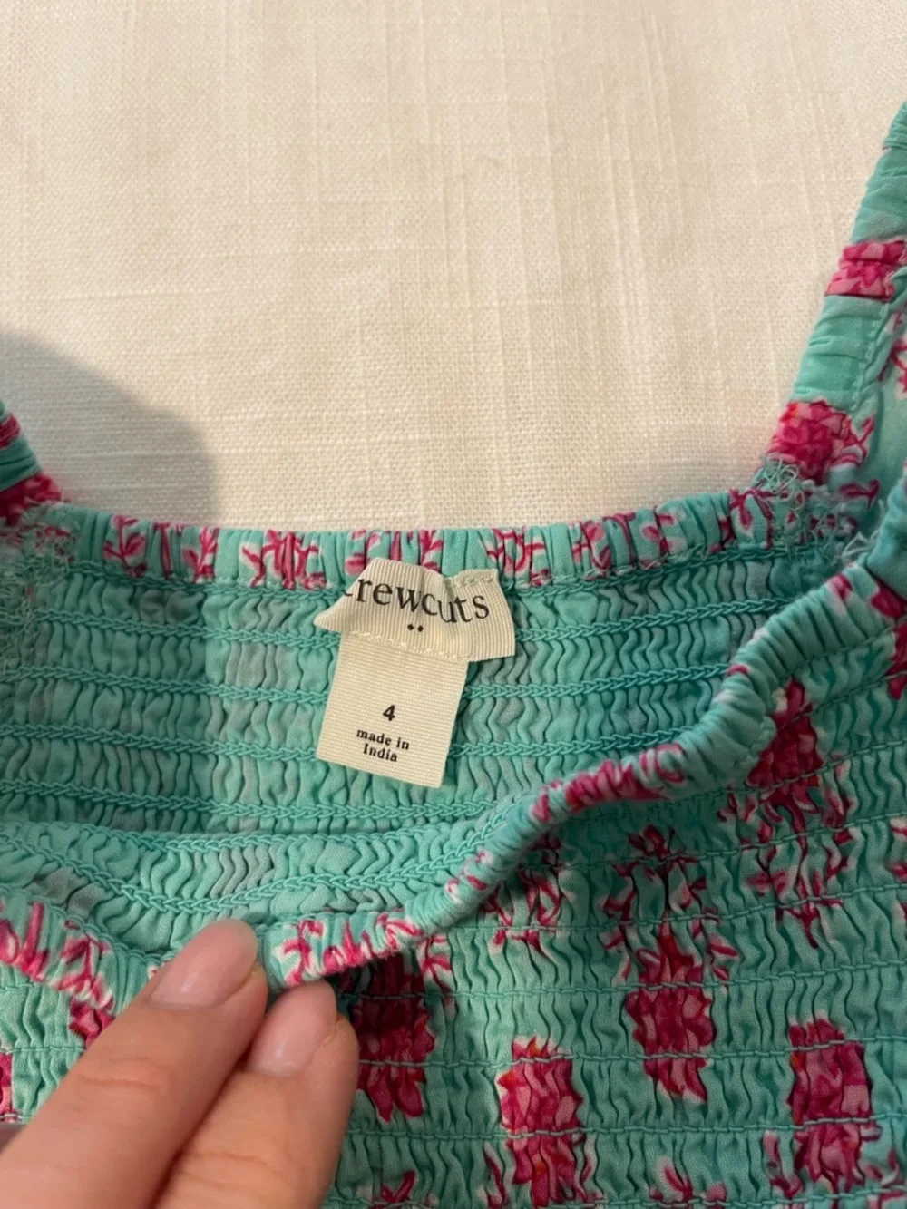 Crewcuts Turquoise Dress with Pink Floral Print and Puff Sleeves